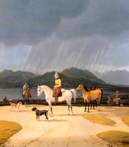 „Cavaliers sur le lac Tegern Allemagne”” (Jeźdźcy nad jeziorem Tegernsee) Peinture de Wilhelm Ritter von Kobell (1766-1853) 1832 Olej na desce Wymiary 282x263 cm Muzea Państwowe, Berlin