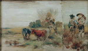 Podwójny obraz: krowy na pastwisku, dwóch rozmawiających rolników autorstwa Wilhelm Busch
