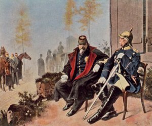 Napoleon III i Bismarck przed chatą tkacza w Donchery, 2 września 1870 r. (wzmocniona litografia barwna) autorstwa Wilhelm Camphausen