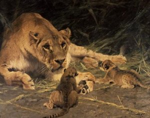 Lwica i jej młode autorstwa Wilhelm Kuhnert