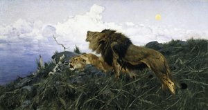 Lwy o zmierzchu, autorstwa Wilhelm Kuhnert