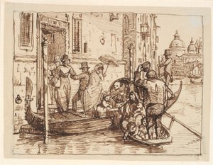 Wysiadając z gondoli w Canal Grande w Wenecji. W tle Santa Marie delle Salute autorstwa Wilhelm Marstrand