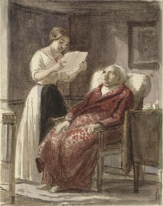 Młoda dziewczyna czyta na głos list do starca w czerwonym surducie autorstwa Wilhelm Marstrand