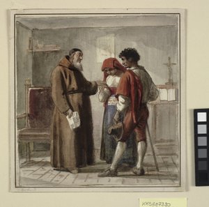 Młode małżeństwo chłopskie z mnichem w celi autorstwa Wilhelm Marstrand