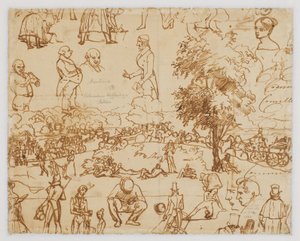 Landschaft mit Pferdewagen und zahlreichen Figurenskizzen autorstwa Wilhelm Marstrand