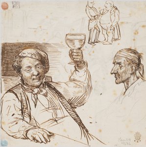Mężczyzna ze szklanką, głowa mężczyzny oraz dwóch mężczyzn w rozmowie autorstwa Wilhelm Marstrand