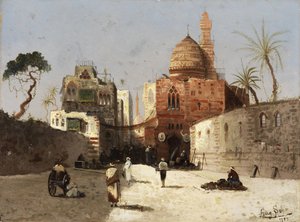 Angielski: Orientalna scena uliczna z meczetem, minaretem i kupcami na dziedzińcu. autorstwa Wilhelm Sohn