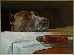 Dog niemiecki z miską na kiełbaski