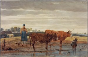 Żona rolnika z wypasem bydła nad wodą autorstwa Wilhelm von Kobell