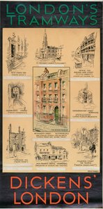 „Londyn Dickensa”, plakat Rady Hrabstwa Londynu LCC Tramways, 1930 autorstwa Will Owen