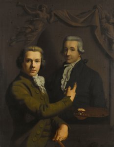 Autoportret, wskazując na portret zmarłego kolegi artysty Dirka Jacobsza Ploegsmy (1769-91)