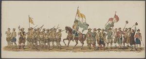 Parada Delft z 1862 r., pierwsza i druga grupa Czwarte Lustrum Akademii Królewskiej w Delft - Ao. 1862 - Costumed Optogt (tytuł serii na obiekcie)