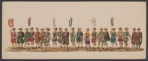 Parada Delft z 1862 r., piąta grupa Czwarte Lustrum Akademii Królewskiej w Delft - Ao. 1862 - Costumed Optogt (tytuł serii na obiekcie)