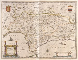 Andaluzja i miasto Sewilla, Cieśnina Gibraltarska, w "Theatrum Orbis Terrarum, sive Atlas Novus" Willema Blaeu, Amsterdam