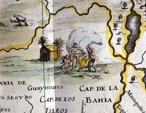 Brazylia. Kanibale reprezentujące mężczyznę z siekierą. Szczegół mapy Atlasu W. Blaeu autorstwa Willem Blaeu