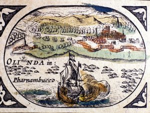 Brazylia, widok Pernambuco (Recife), Atlas W.G. Blaeu, Amsterdam 1600. autorstwa Willem Blaeu