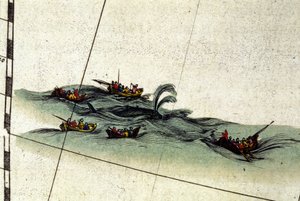Bretońscy rybacy polują na wieloryby ręcznym harpunem. Fragment Atlasu Williama Blaeu, wydrukowanego w Amsterdamie w 1665 r. autorstwa Willem Blaeu
