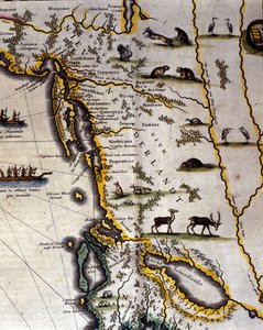 Mapa geograficzna XVII-wiecznego Atlasu Holenderskiego autorstwa Wilhelma Blaeu (1571-1638) przedstawiająca terytoria amerykańskie i kanadyjskie ludy futerkowe. Północ jest poniżej, zgodnie ze średniowiecznym zwyczajem. autorstwa Willem Blaeu