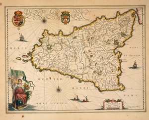 Mapa Sycylii, autorstwa Willema Blaeu, z Regionum Italiae, rycina