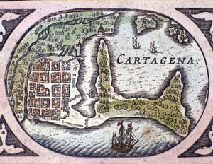 Widok Cartageny w Kolumbii (Ameryka Południowa). Fragment mapy Atlasu „Le Theatre du Monde” Willema Janszoon Blaeu (1571-1638) autorstwa Willem Blaeu