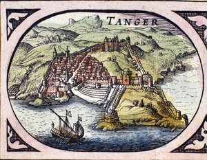 Widok na warowne miasto Tanger i wybrzeże, Maroko. Mapa z holenderskiego Atlasu autorstwa W.G. Blaeu, Amsterdam autorstwa Willem Blaeu