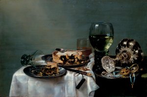 "Martwa natura stołu śniadaniowego z ciastem jeżynowym"" (Stół śniadaniowy z ciastem jeżynowym) Obraz Willem Claesz Heda (1594-1680) 1631 Dim 54x82 cm Olej na płótnie Drezdeńskie Państwowe Zbiory Sztuki Drezno autorstwa Willem Claesz. Heda