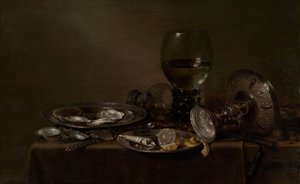Martwa natura z ostrygami, srebrną tazzą i szklanymi naczyniami, 1635.