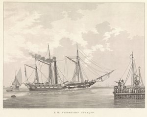 Parowiec wiosłowy na nabrzeżu Z.M. Steamship Curaçao (tytuł na obiekcie)