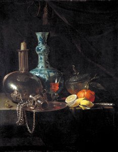 „Martwa natura z flaszką pielgrzyma, świecznikiem, porcelanową wazą i owocami”, XVII w. autorstwa Willem Kalf