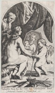 Wenus przed lustrem trzymanym przez Kupidyna, podczas gdy jej włosy są czesane przez staruszkę, 1631.