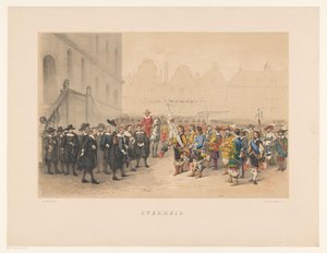 Trzecia grupa maskarady w Utrechcie w 1856 r. Rząd (tytuł na przedmiocie) Nasza ojczyzna około połowy XVII wieku, zaproponowana przez H.H. studenci, członkowie Mutua Fides, z okazji 220-lecia Utrechtsche Hoogeschool, 25 czerwca