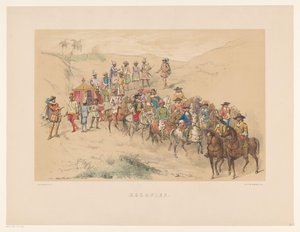 Czwarta grupa maskarady w Utrechcie w 1856 r. Kolonie (tytuł na obiekcie) Nasza ojczyzna około połowy XVII wieku, zaproponowana przez H.H. studenci, członkowie Mutua Fides, z okazji 220-lecia Utrechtsche Hoogeschool, 25 czerwca
