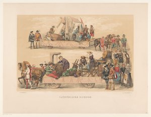Piąta grupa maskarady w Utrechcie w 1856 r. Zasób naturalny (tytuł na przedmiocie) Nasza ojczyzna około połowy XVII wieku, zaproponowana przez H.H. studenci, członkowie Mutua Fides, z okazji 220-lecia Utrechtsche Hoogeschool,