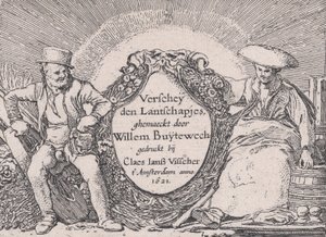 Strona tytułowa, z Verscheyden Landtschapjes Różne małe pejzaże, tabl. 1, ca. 1616, autorstwa Willem Pietersz. Buytewech