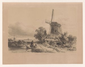 Wiatrak w krajobrazie z dwiema postaciami autorstwa Willem Roelofs (I)