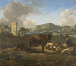 Bydło i pasterze w pagórkowatym krajobrazie, ok. 1650-70 (olej na panelu)