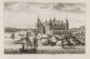 Zamek Läckö od strony jeziora Vänern. Z „Suecia antiqua et hodierna” autorstwa Willem Swidde