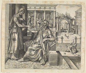 Sara prosi Abrahama, aby odesłał Hagar i Ismaela Historia Hagar i Ismaela (tytuł serii) autorstwa Willem Thibaut