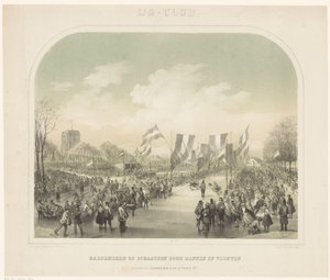 zawody łyżwiarskie Lodowisko / Łyżwiarstwo szybkie kobiet i mężczyzn odbyło się w Leeuwarden 22 lutego 1855 (tytuł na obiekcie) autorstwa Willem Troost (II)
