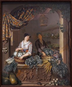 Sprzedawca warzyw. Obraz Willema van Mierisa (1662-1747), olej na drewnie
