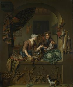 Kobieta i sprzedawca ryb w kuchni. 1713