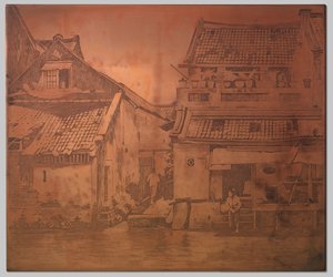 Batavia. Domy na kali, praczka na schodach domu po prawej autorstwa Willem Arnoldus Witsen