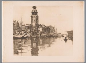 Widok na Montelbaanstoren w Amsterdamie Old Schans z Montelbaanstoren i łodzią wiosłową (tytuł oryginalny) autorstwa Willem Arnoldus Witsen