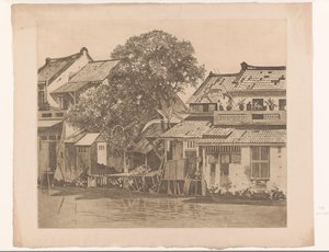 Widok domów na rzece w Batavia Domy na kali. Drzewa między domami, Batavia (tytuł oryginalny) autorstwa Willem Arnoldus Witsen