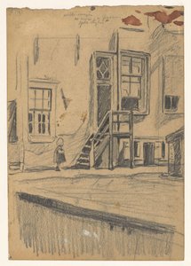 Dziewczyna przy drewnianych schodach, nabrzeże autorstwa Willem Arnoldus Witsen