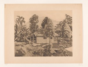 Dom w Bogor z górą w tle Dom z wulkanem Salak(?) w tle, Buitenzorg (tytuł oryginalny) autorstwa Willem Arnoldus Witsen