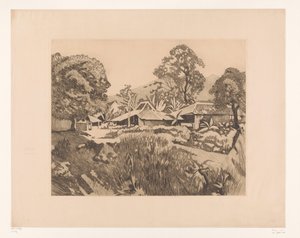 Domy w Bogor przed wulkanami Salak i Gede Domy w kampongu z wulkanami Salak i Gedeh w tle, Buitenzorg (tytuł oryginalny) autorstwa Willem Arnoldus Witsen