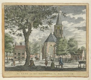 Kościół i gmach sądu w Hilversum w 1762 r. (przed pożarem w 1766 r.) Kościół i Regthuis in Hilversum (tytuł na obiekcie) autorstwa Willem Writs