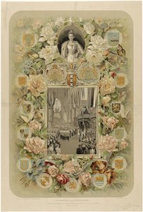 Pamięci Uroczystej Koronacji J.M. Królowej Wilhelminy na Nieuwe Kerk w Amsterdamie - 6 września 1898 (tytuł na obiekcie) autorstwa Willem Zwart