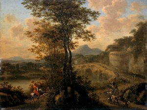 Włoski krajobraz rzeczny z kamiennym mostem, 1650